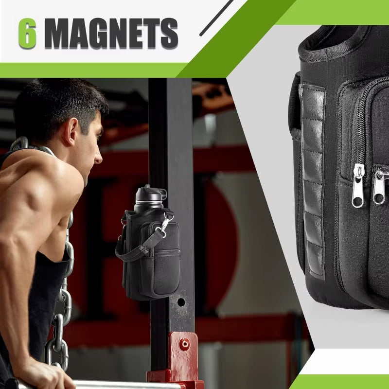 Magnetic Water Bottle Holder with Phone Pocket, Shoulder Strap, and 6 Built-In Magnets