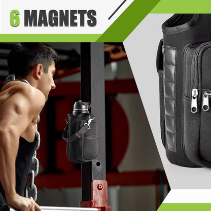 Magnetic Water Bottle Holder with Phone Pocket, Shoulder Strap, and 6 Built-In Magnets
