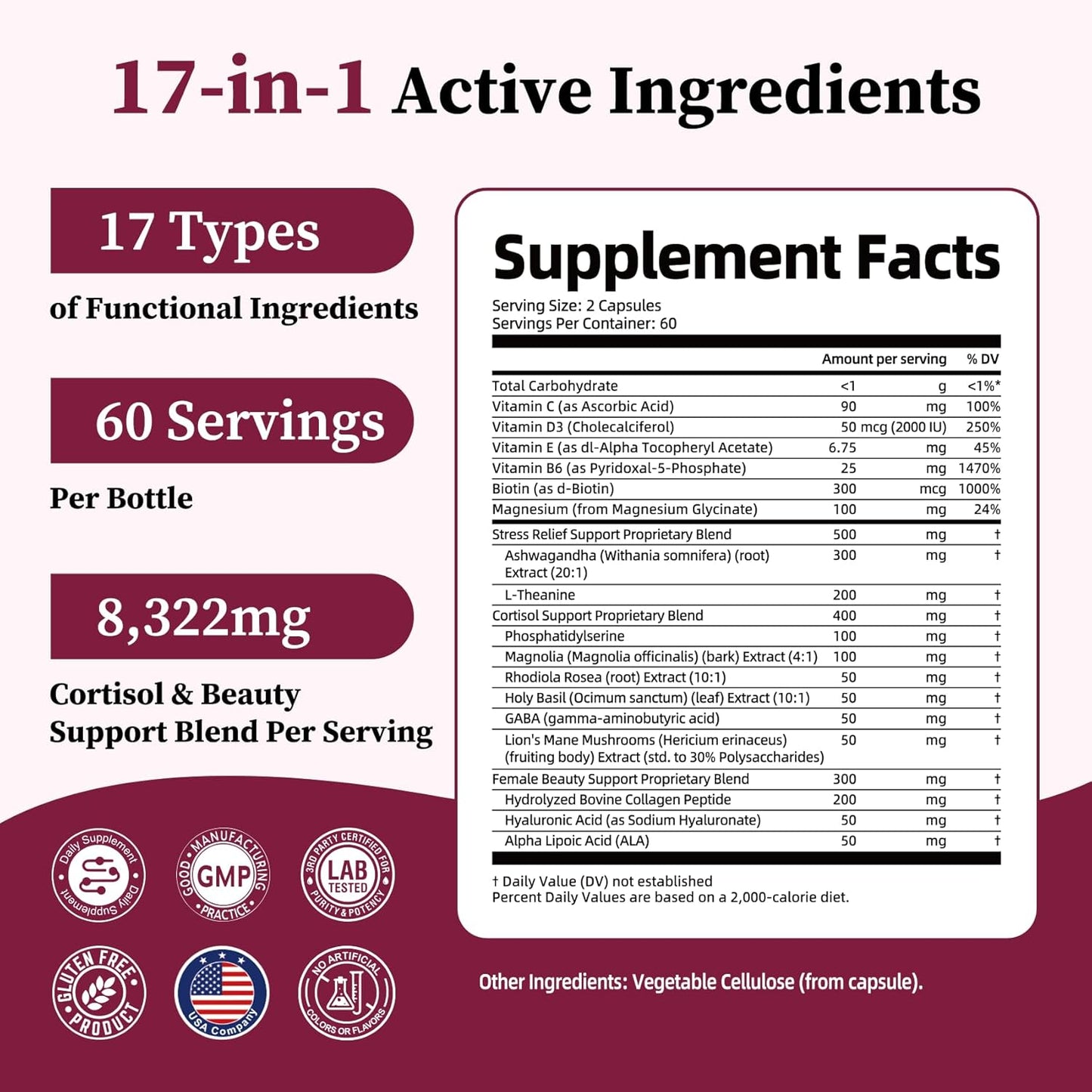 17-In-1 Cortisol Supplements for Women, 8322Mg with Collagen, Magnesium Glycinate, Ashwagandha, L-Theanine for Relaxation, Stress and Sleep Support, Cortisol Reducer for Women- 120 Capsules