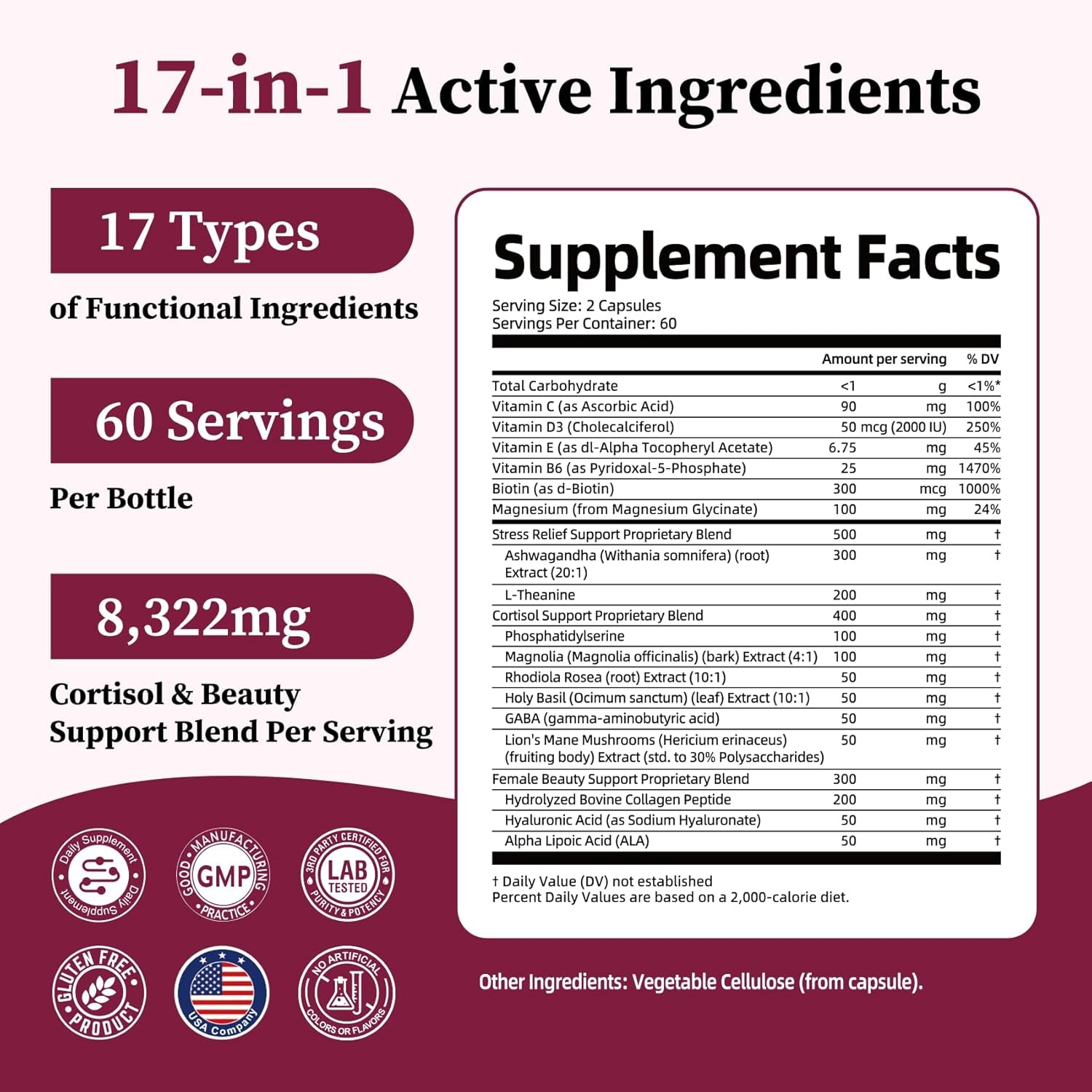 17-In-1 Cortisol Supplements for Women, 8322Mg with Collagen, Magnesium Glycinate, Ashwagandha, L-Theanine for Relaxation, Stress and Sleep Support, Cortisol Reducer for Women- 120 Capsules
