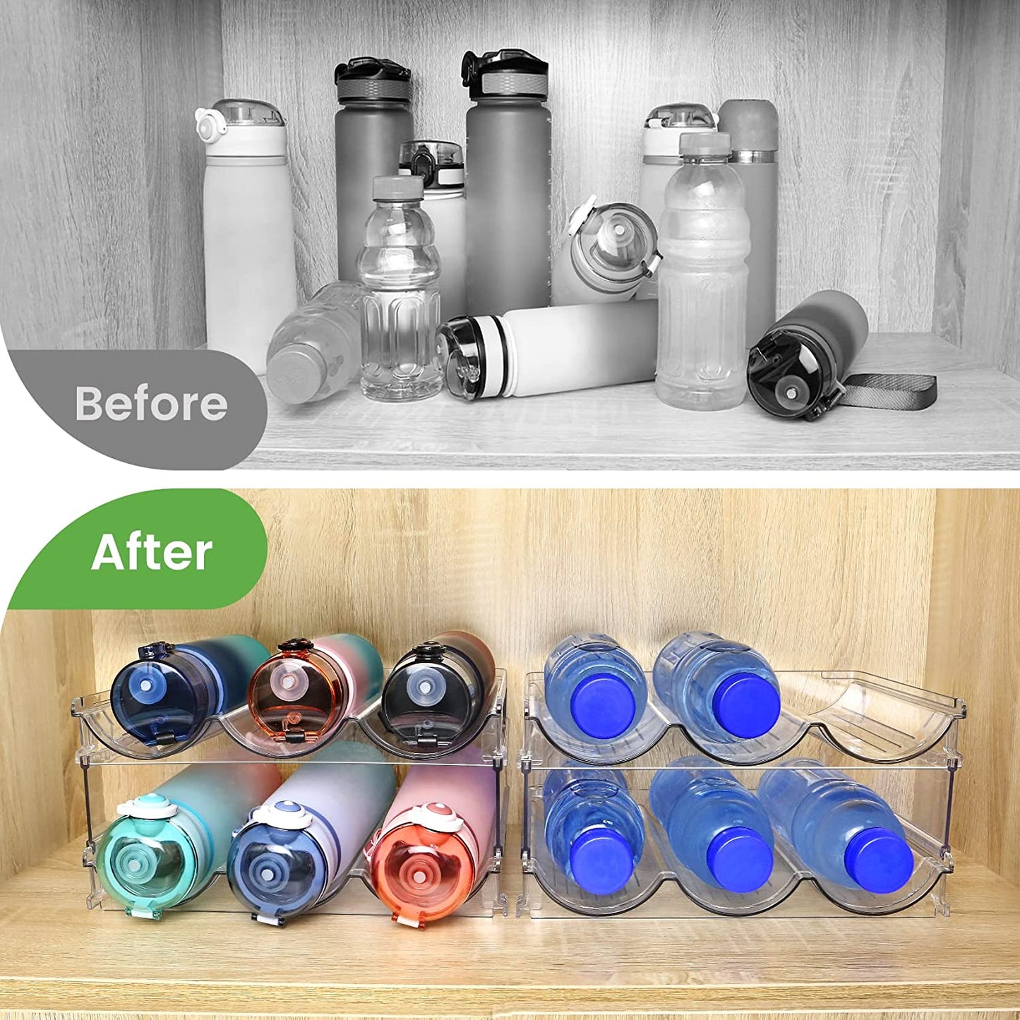 Cabinet Water Bottle Organizer Set - Stackable Storage Racks for Efficient Bottle Management (2-Pack)