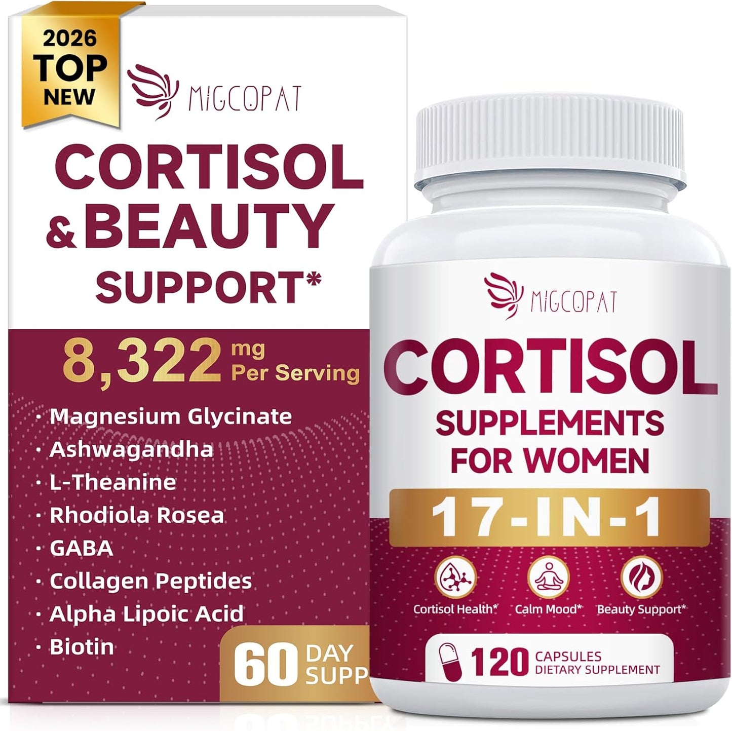 17-In-1 Cortisol Supplements for Women, 8322Mg with Collagen, Magnesium Glycinate, Ashwagandha, L-Theanine for Relaxation, Stress and Sleep Support, Cortisol Reducer for Women- 120 Capsules