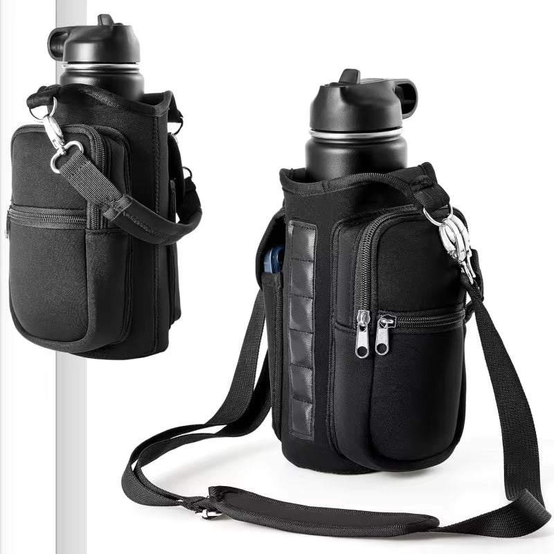 Magnetic Water Bottle Holder with Phone Pocket, Shoulder Strap, and 6 Built-In Magnets