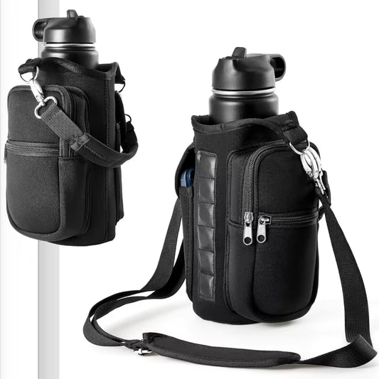 Magnetic Water Bottle Holder with Phone Pocket, Shoulder Strap, and 6 Built-In Magnets