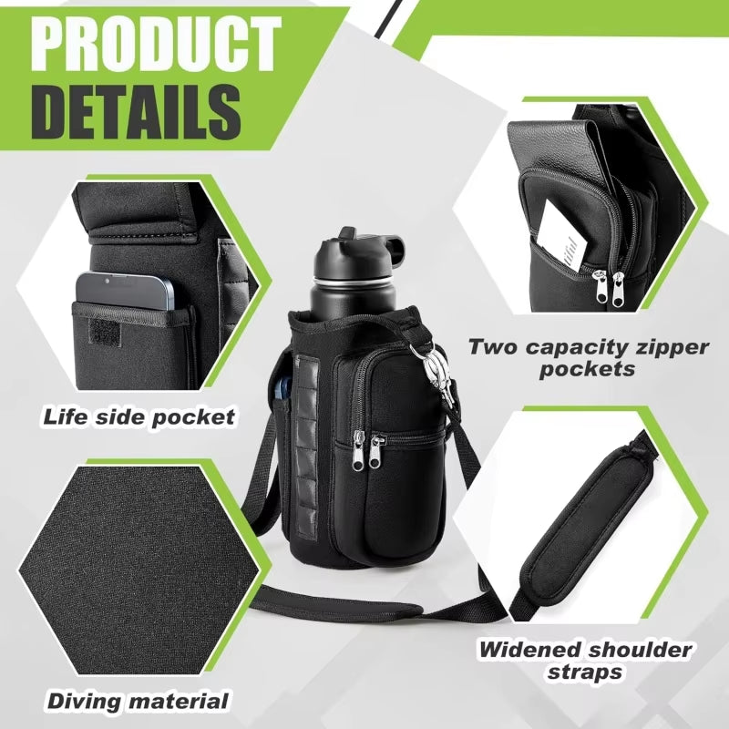 Magnetic Water Bottle Holder with Phone Pocket, Shoulder Strap, and 6 Built-In Magnets