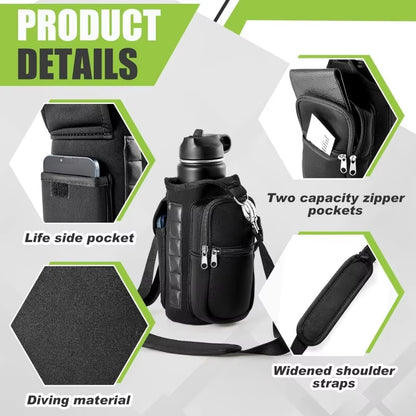 Magnetic Water Bottle Holder with Phone Pocket, Shoulder Strap, and 6 Built-In Magnets